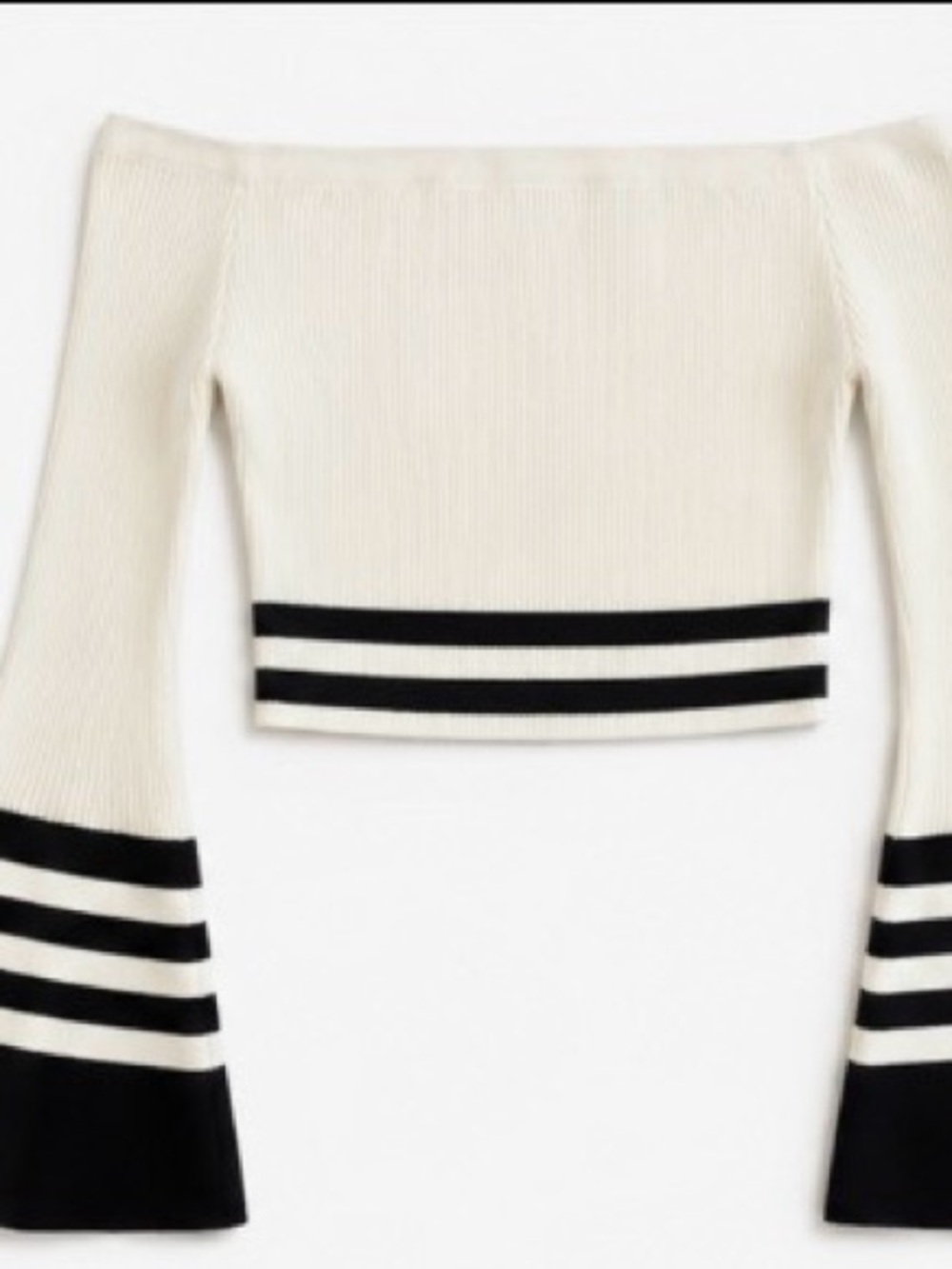 Off-the-Shoulder Cream Knit Sweater with Black Stripe Accents